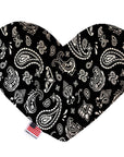 Heart shaped squeaker dog toy. Black western bandana paisley print. Made in USA label on bottom trim.