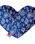 Heart shaped squeaker dog toy. Blue western bandana paisley print. Made in USA label on bottom trim.