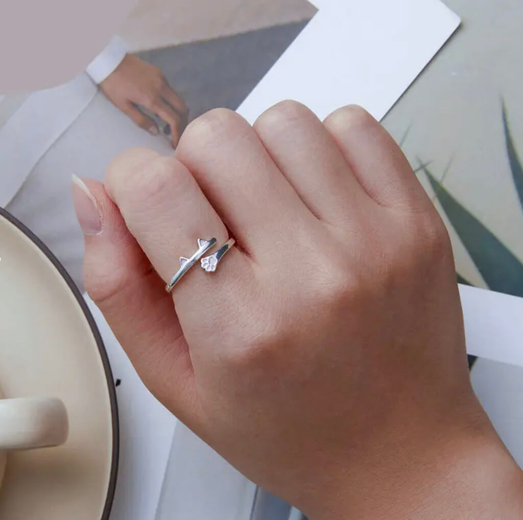 Sterling silver cat ear and paw wrap around ring (worn by model).