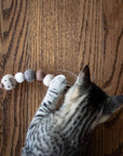 Cat playing with wool caterpillar toy.