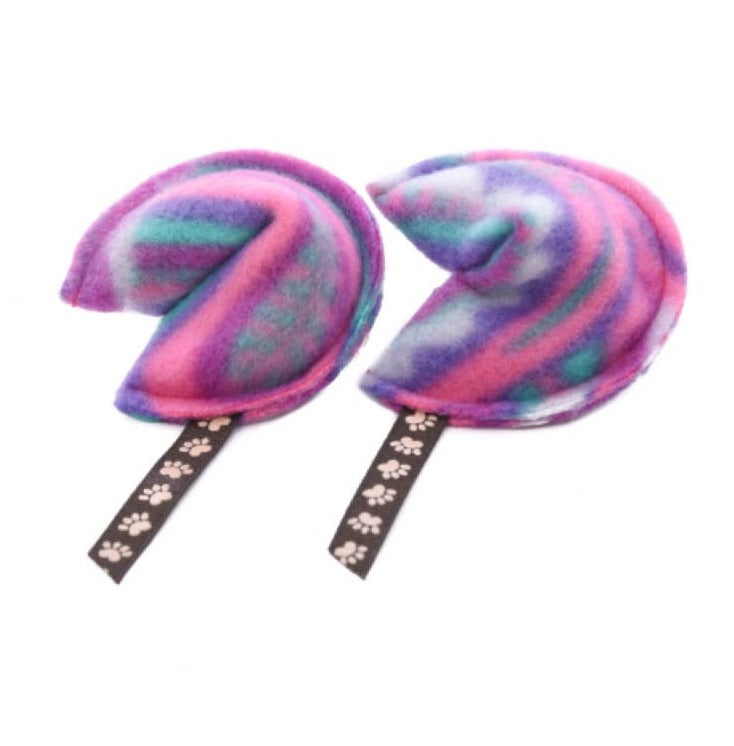 Fleece fortune cookie cat toy filled with organic catnip.