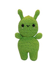Knit Knacks "Ava the Alien" organic cotton handmade dog toy. Anthropomorphic alien with a smiling face and waving arms.