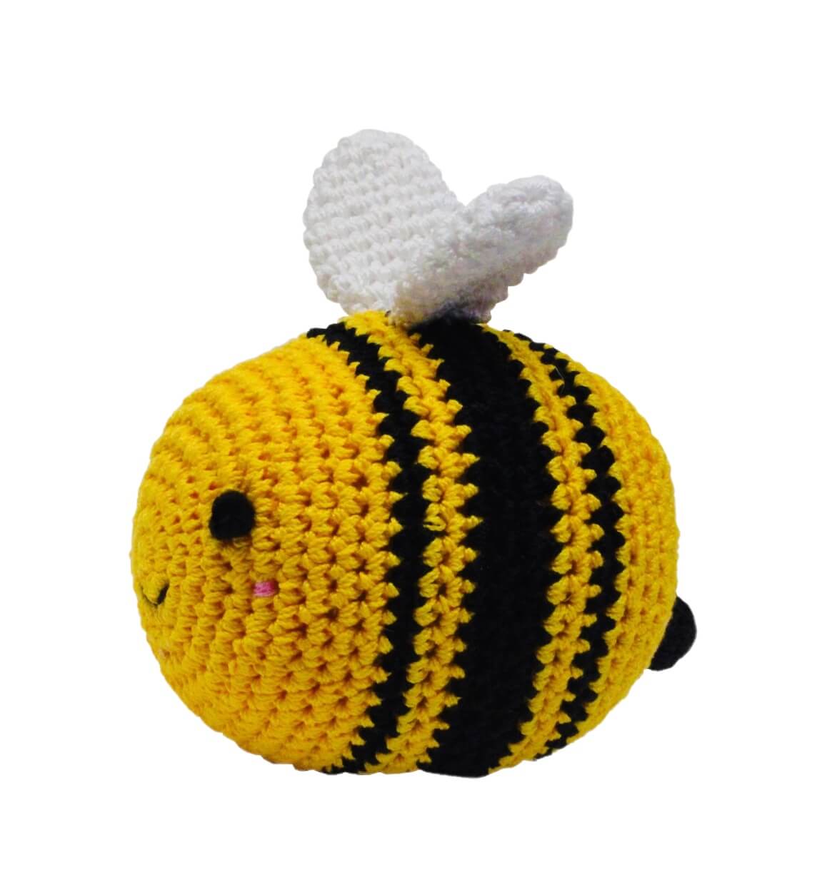 Knit Knacks "Bizzy the Bee" handmade organic cotton dog toy. Yellow bee with black stripes, white wings, and a smiling face.