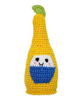 Knit Knacks "Beer Bottle With Lime" handmade organic cotton dog toy. Yellow anthropomorphic beer bottle with a happy expression, rosy cheeks and a lime on the top of the bottle.