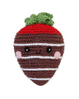 Knit Knacks "Milk Chocolate Strawberry" handmade organic cotton dog toy. Smiling anthropomorphic strawberry dipped in milk chocolate.