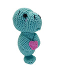 Knit Knacks "Mana the Sea Cow Manatee" handmade organic cotton dog toy. Light blue manatee holding a pink heart.