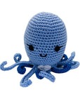 Knit Knacks "Ollie the Octopus" handmade organic cotton dog toy. Blue anthropomorphic octopus with a happy expression and a smiling face.