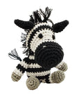 Knit Knacks "Zsa Zsa the Zebra" handmade organic cotton dog toy. Black and white zebra with a fringed mane and tail.