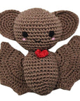 Knit Knacks "Bat" organic cotton dog toy. Happy, smiling brown bat with open wings and a heart on his chest.