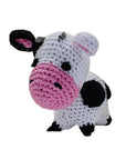 Knit Knacks "Molly Moo the Cow" handmade organic cotton dog toy. Black and white cow with pink nose and ears.