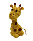 Knit Knacks "Louie Longneck the Giraffe" handmade organic cotton dog toy. Mustard yellow giraffe with brown spots and a fringed tail.