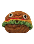 Knit Knacks "Hamburger" handmade organic cotton dog toy. Anthropomorphic hamburger with big eyes, a smiling face, and lettuce, ketchup and mustard accents.