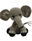 Knit Knacks "Bubbles the Baby Elephant" handmade organic cotton dog toy. Gray elephant with big, round ears, a trunk, and a fringed tail.