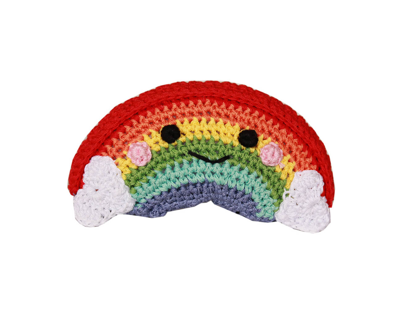 Knit Knacks "Happy Rainbow" handmade organic cotton dog toy. Anthropomorphic rainbow with a smiling face, rosy cheeks, and heart shaped cloud accents.