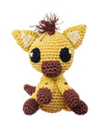 Knit Knacks "Howie the Hyena" handmade organic cotton dog toy. Mustard yellow hyena with brown trim and fringed hair.