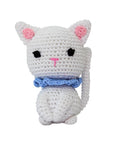 Knit Knacks "Kitty Purry" organic cotton dog toy. White cat with purple collar and pink ears.