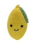 Knit Knacks "Lola Lemon" handmade organic cotton dog toy. Smiling anthropomorphic lemon with an accent leaf.