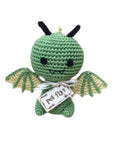Knit Knacks "Drogo the Dragon" handmade organic cotton dog toy. Green dragon with outstretched wings that have yellow contrast trim.