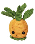Knit Knacks "Paulie the Pineapple" knit dog toy. Yellow pineapple with green leaves for hair, and a cute, smiling face.