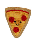 Knit Knacks "Pizza" handmade organic cotton dog toy. Anthropomorphic pizza with a happy/smiling expression and three pepperoni slices on its face.
