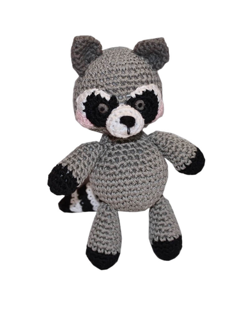 Knit Knacks "Rowdy the Raccoon" organic cotton handmade dog toy. Gray, black and white raccoon.