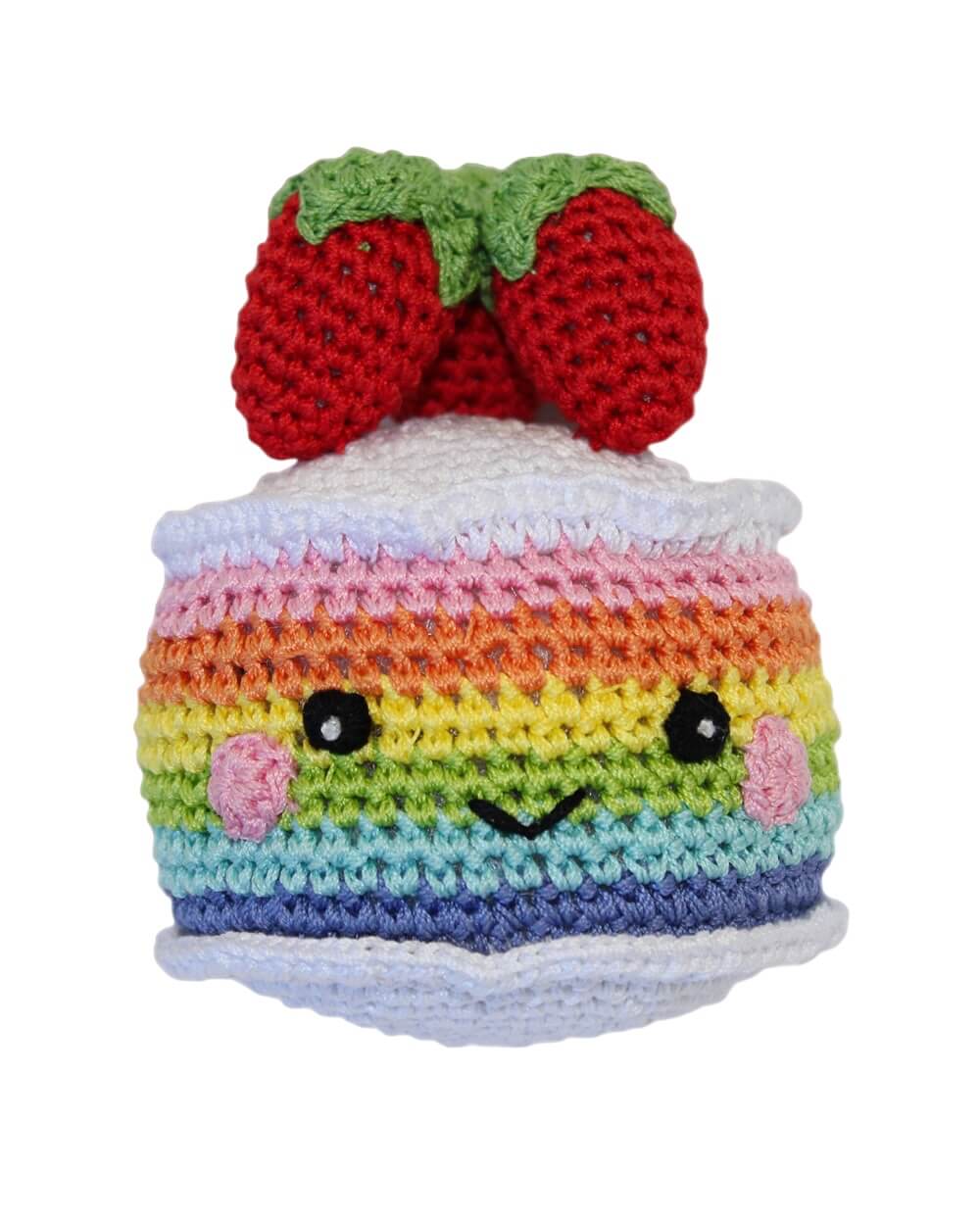 Knit Knacks "Rainbow Cake" handmade organic cotton dog toy. Smiling anthropomorphic cake with rainbow layers and strawberries on its head.