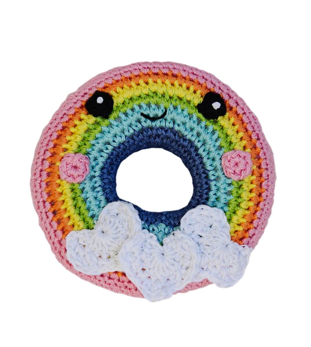 Knit Knacks "Rainbow Donut" handmade organic cotton dog toy. Anthropomorphic donut with a smiling face, rosy cheeks, and heart accents.