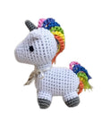 Knit Knacks "Mystic the Magic Unicorn" handmade organic cotton dog toy. White unicorn with a gray horn, and a rainbow mane and tail.