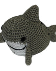 Knit Knacks "Smiley the Shark" handmade organic cotton dog toy. Smiling gray shark with a white underbelly.
