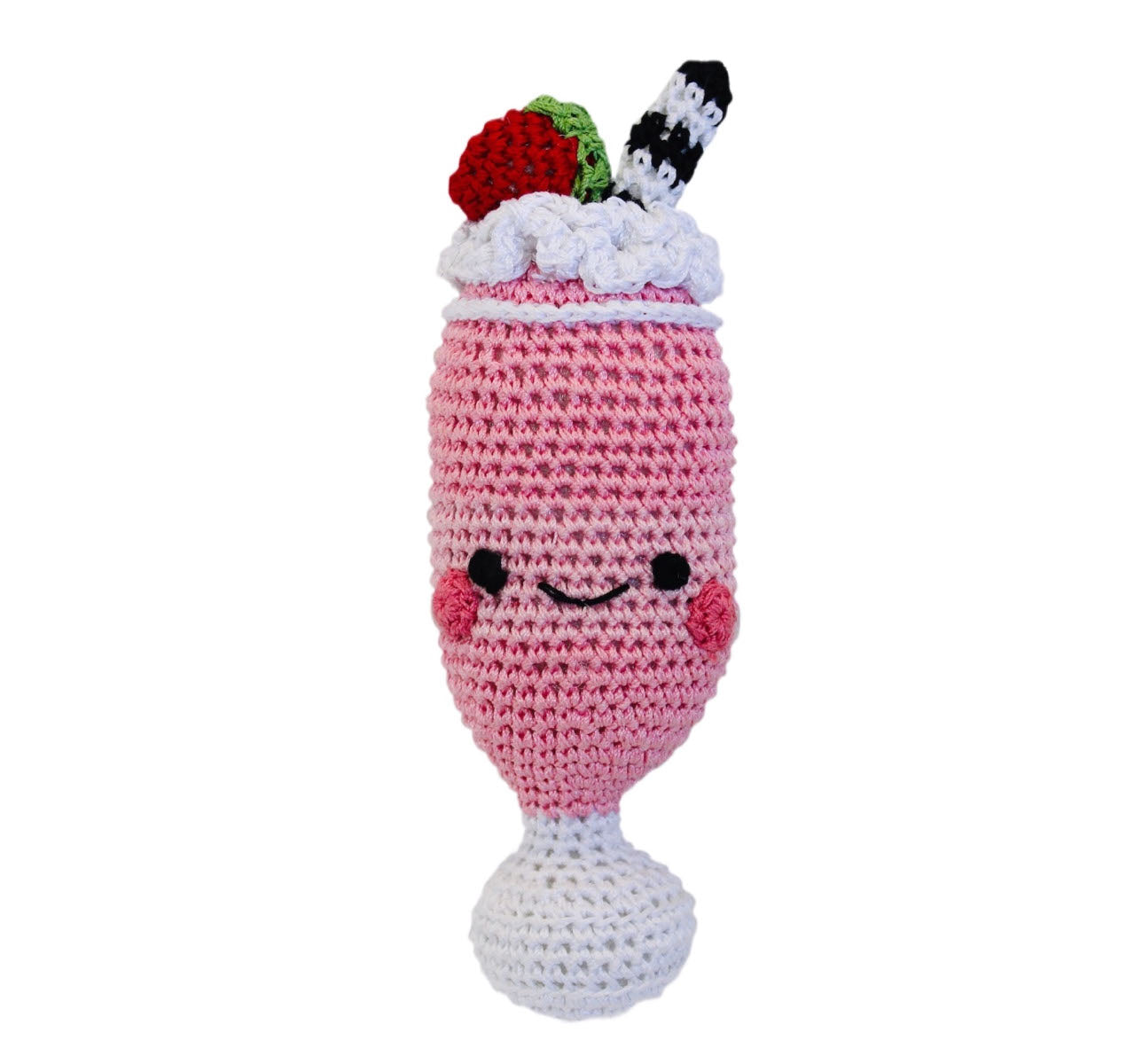Knit Knacks "Strawberry Milkshake" handmade organic cotton dog toy. Pink milkshake with a strawberry, a black and white straw, and a smiling face with rosy cheeks.