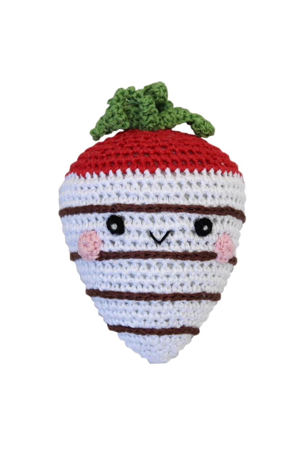 Knit Knacks "White Chocolate Strawberry" handmade organic cotton dog toy. Smiling anthropomorphic strawberry dipped in white chocolate.