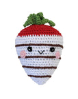 Knit Knacks "White Chocolate Strawberry" handmade organic cotton dog toy. Smiling anthropomorphic strawberry dipped in white chocolate.