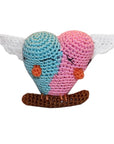 Knit Knacks "Lovebirds" organic cotton handmade dog toy. Lovebirds in blue and pink sitting close to one another on a branch with their wings spread out.