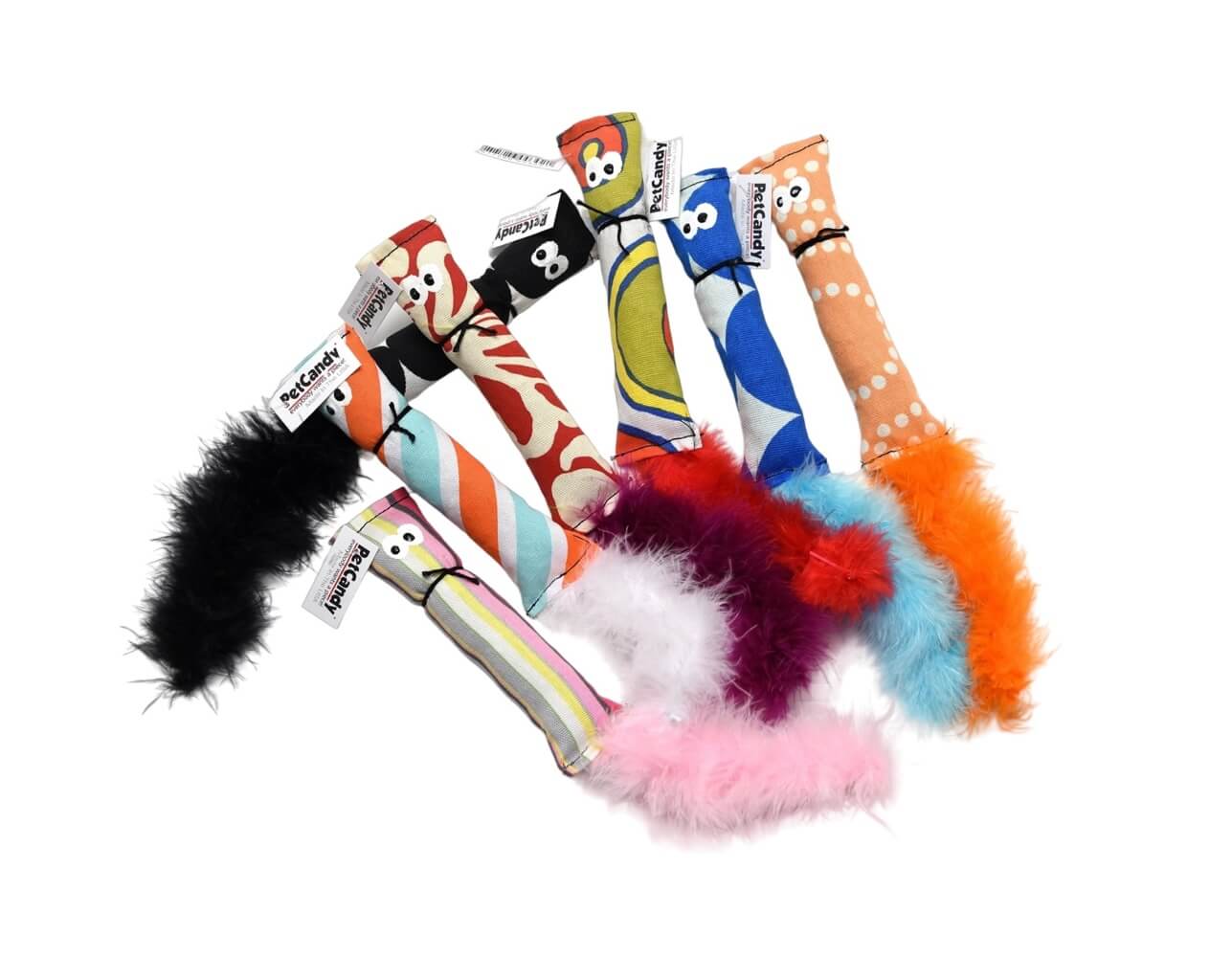 Handmade squirrel kicker toys in various colors and patterns with feather tails. Each one is stuffed with US grown, farm fresh catnip. Made in USA.