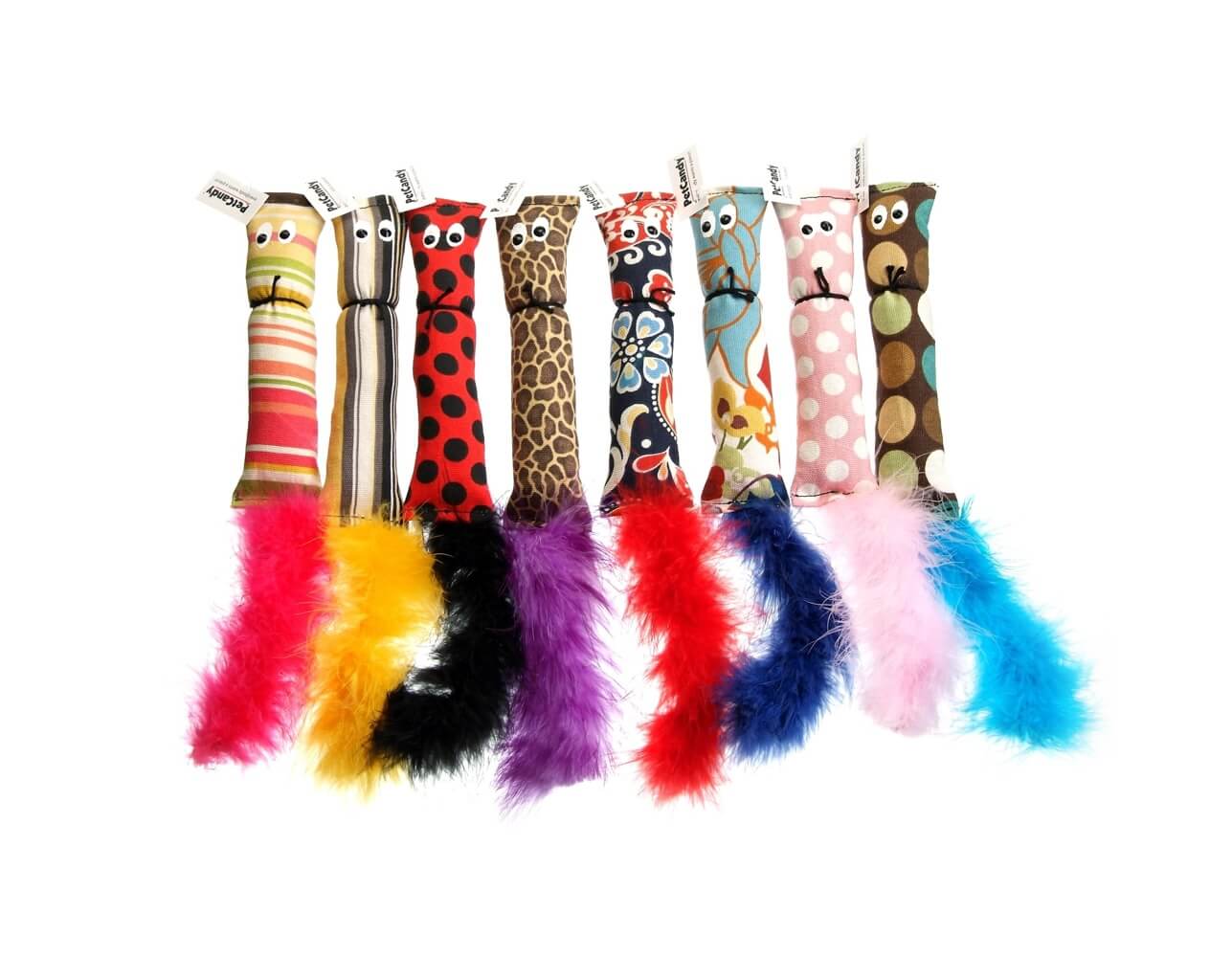 Handmade squirrel kicker toys in various colors and patterns with feather tails. Each one is stuffed with US grown, farm fresh catnip. Made in USA.