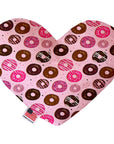 Heart shaped squeaker dog toy. Pink background with multicolored donuts. Made in USA label on bottom trim.