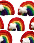 Rainbow wool cat toys with white cloud accents.