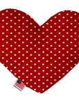 Red heart shaped squeaker dog toy with white stars printed throughout. Made in USA label on bottom trim.