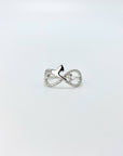 Sterling silver infinity cat ring with cubic zirconia gemstones in a pave setting.