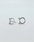 Sterling silver minimalist cat head "o" stud earrings with cubic zirconia gems in silver.