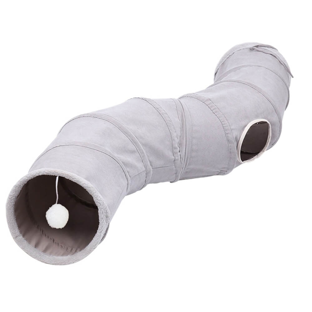Interactive faux suede cat tunnel in gray with plush trim.