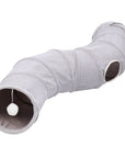Interactive faux suede cat tunnel in gray with plush trim.