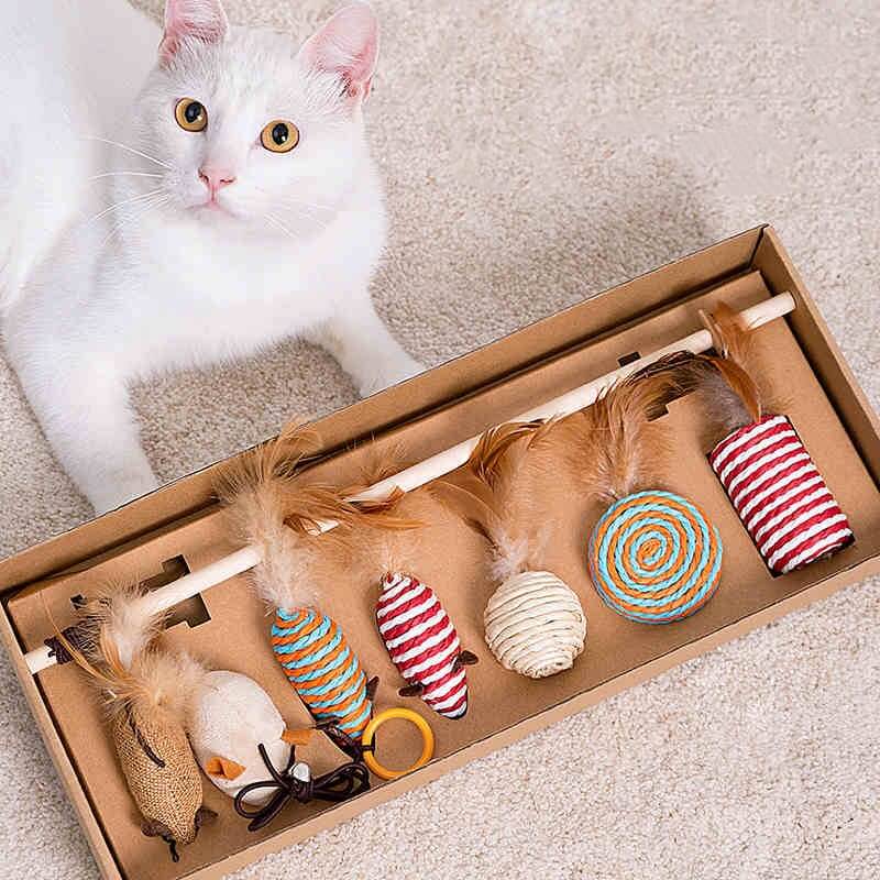 Wooden sisal and feather toy box set assortment with white cat in the background.