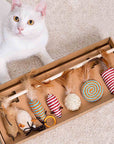 Wooden sisal and feather toy box set assortment with white cat in the background.