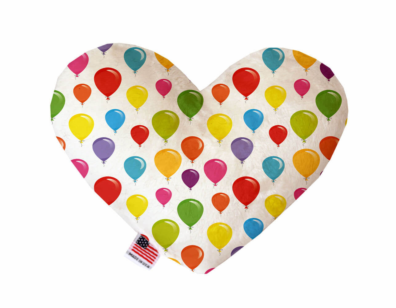 Heart shaped squeaker dog toy. White background with a multicolored balloon print. Made in USA label on bottom trim.