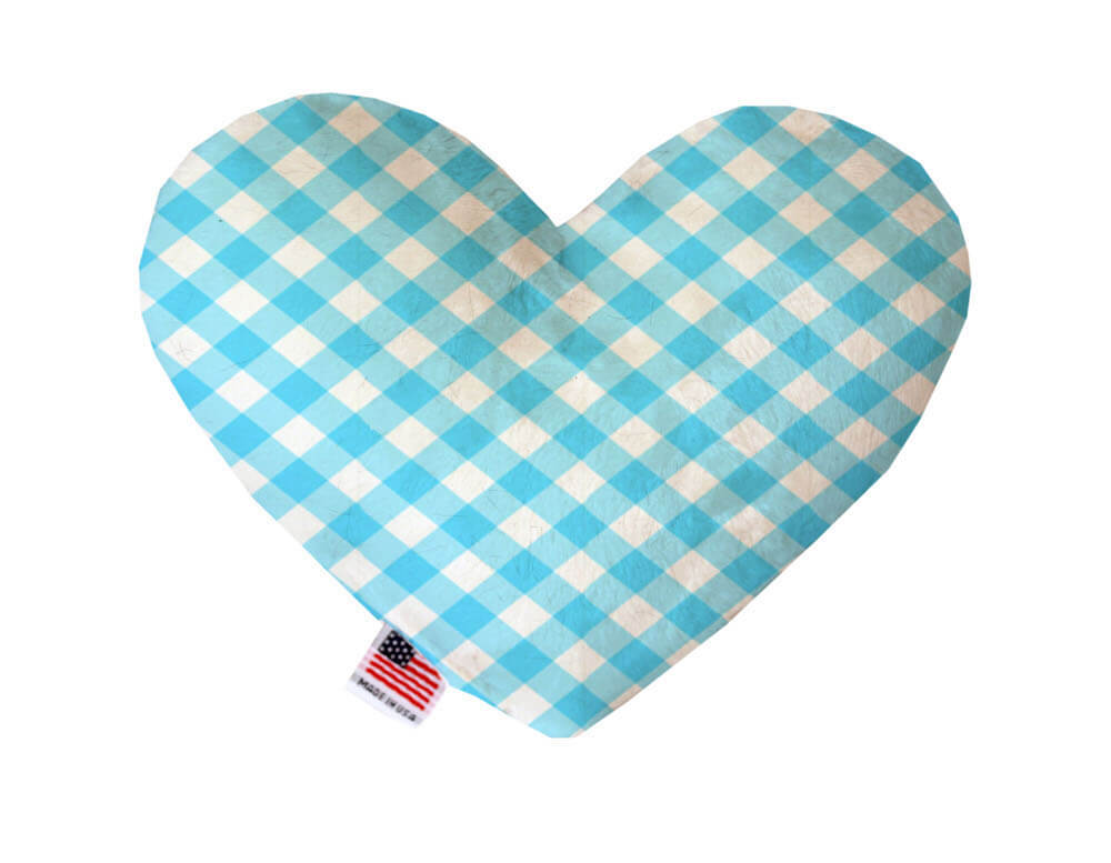 Heart shaped squeaker dog toy in a blue and white gingham print. Made in USA label on bottom trim.