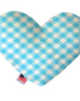 Heart shaped squeaker dog toy in a blue and white gingham print. Made in USA label on bottom trim.