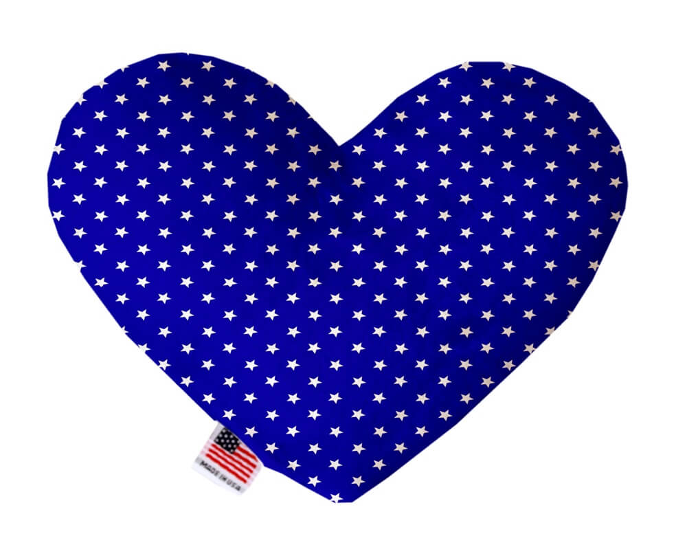 Blue heart shaped squeaker dog toy with white stars printed throughout. Made in USA label on bottom trim.