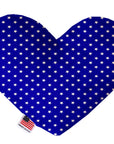Blue heart shaped squeaker dog toy with white stars printed throughout. Made in USA label on bottom trim.