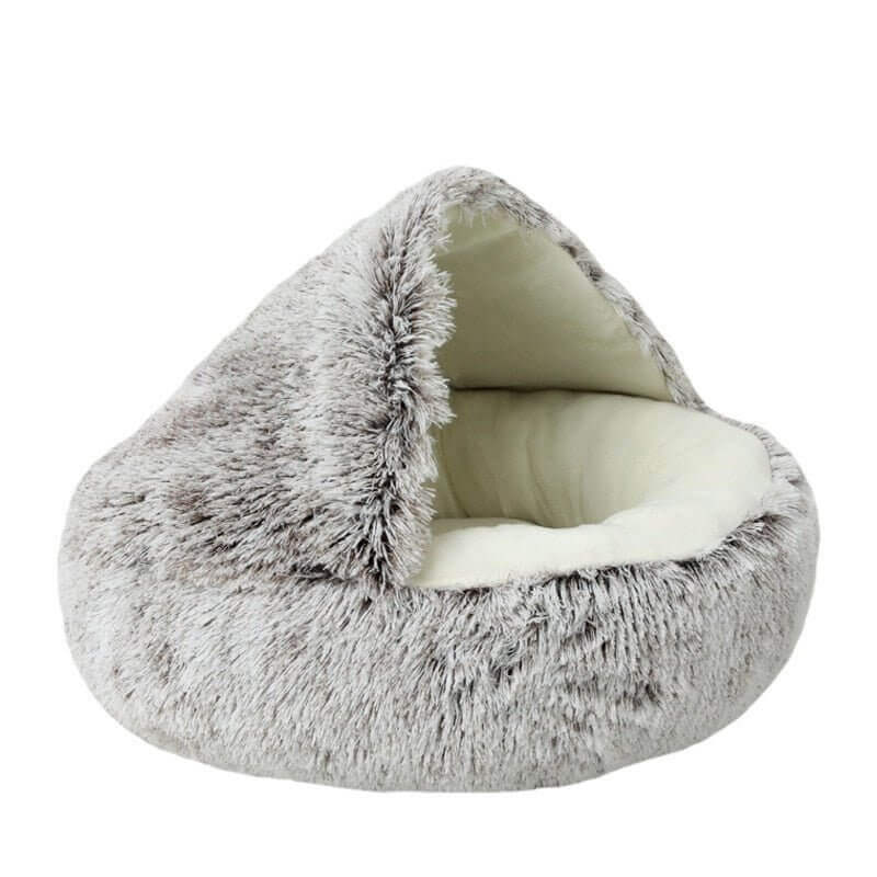 Light brown plush nesting cave bed for cats and small dogs (short plush version).